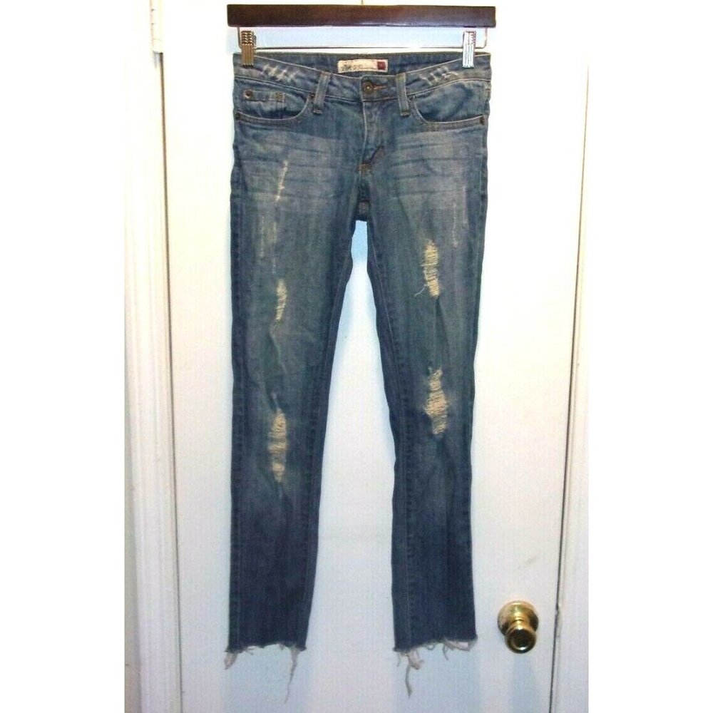 GJG Denim Blue Jeans Distressed Destroyed Frayed Size 1 Juniors Low Rise
